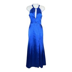 Royal Blue Satin Formal Gown – Halter Backless Prom Dress, Floor Length OS